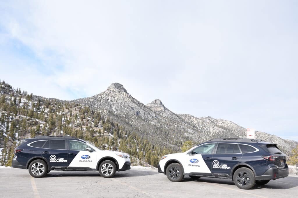 Subarus parked on the mountain